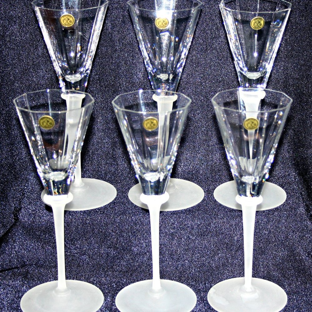 Portieux France Crystal Sherry / Wine Glasses Frosted Stems Set of 6